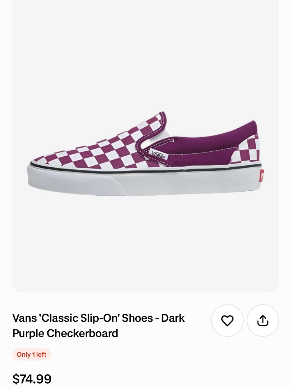 Vans classic Slip-On Checkerboard Purple and White- women's 6.5/men's sz 5